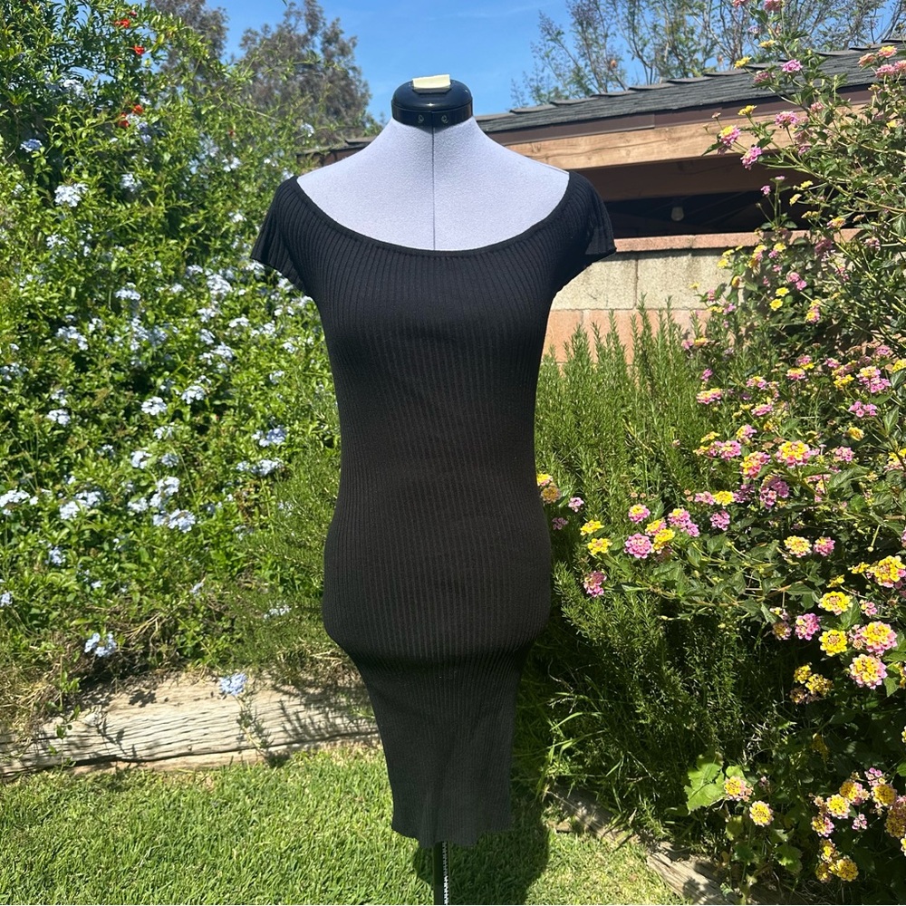 Ambiance Large Black Ribbed Body Con Basic Off Shoulder Dress